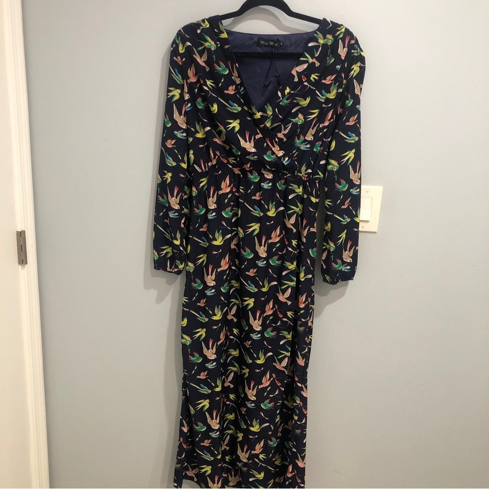 Miss Maxi Long Sleeves Dress Navy Birds Design Women’s Size M